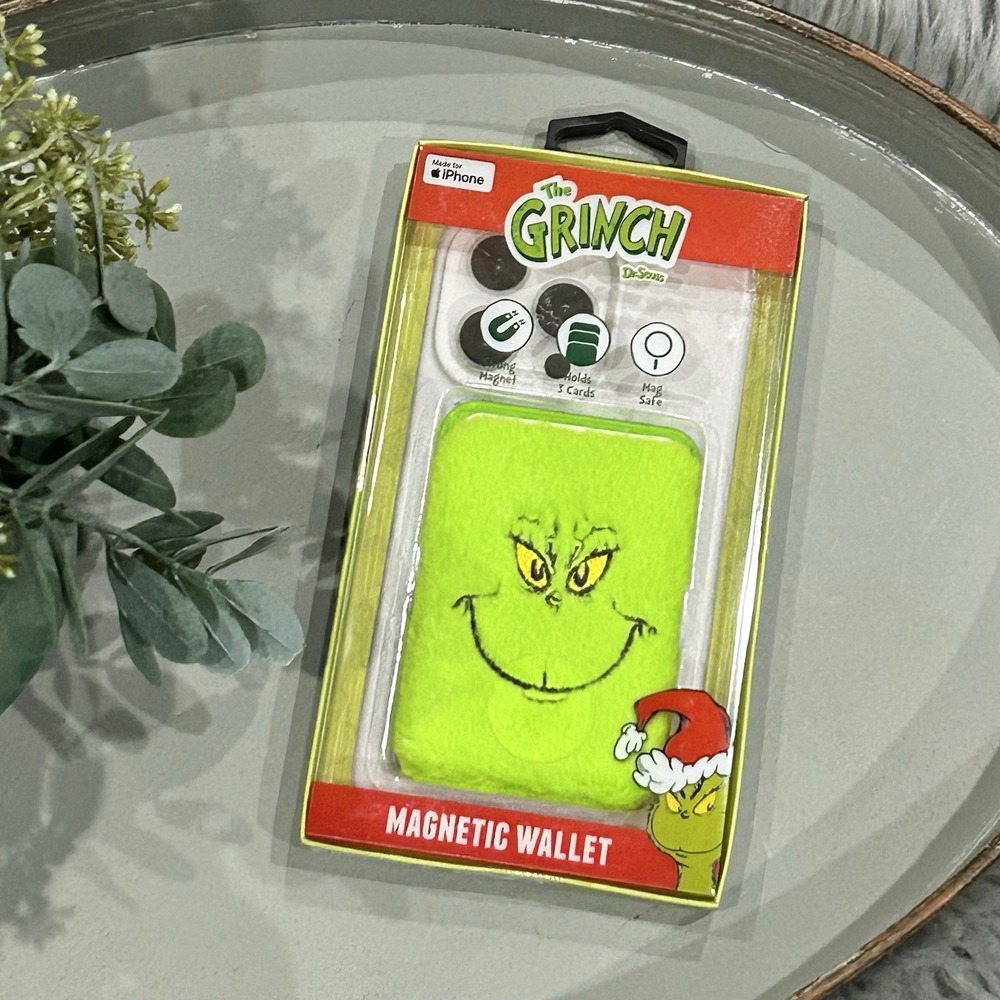 Dr. Suess The Grinch Fuzzy Magnetic Wallet‎ Case iPhone Holds 3 Card Magsafe NEW